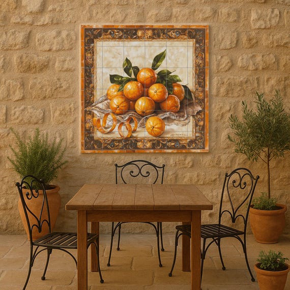 Mural de azulejos de cerámica con naranjas, cáscaras rizadas, tela de encaje … — vista 2
