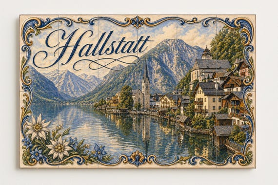 Mural de azulejos de cerámica de Hallstatt, pueblo alpino junto al lago en Au… — vista 4