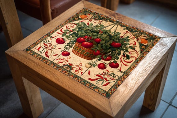 Mural de azulejos de cerámica italiana rústica con cesta de tomates colgante … — vista 4