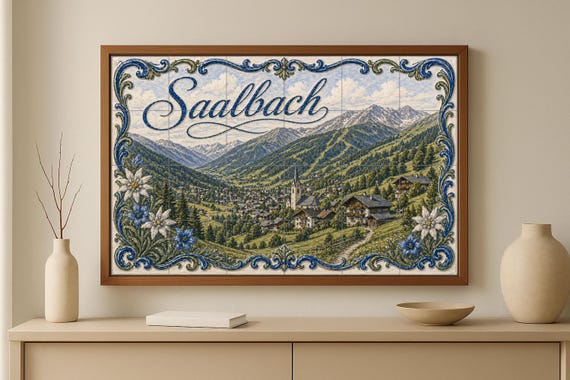 Mural de azulejos de cerámica de Saalbach, Austria, pueblo alpino y paisaje a… — vista 2