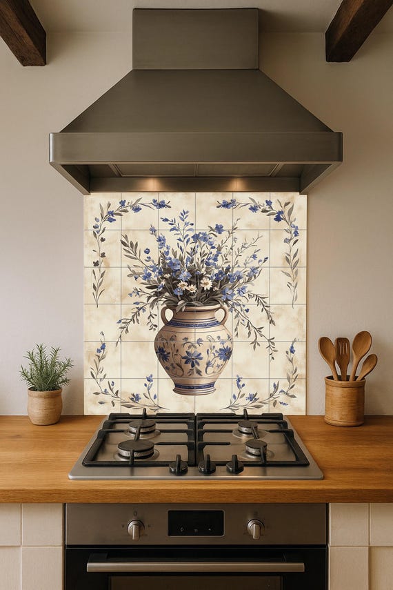 Mural de cerámica con jarrón floral azul