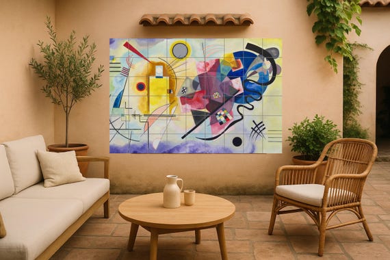 Mural de azulejos de cerámica amarillos, rojos y azules — vista 4