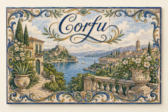 Mural de azulejos de cerámica de Corfú, Grecia, arte mural mediterráneo junto…