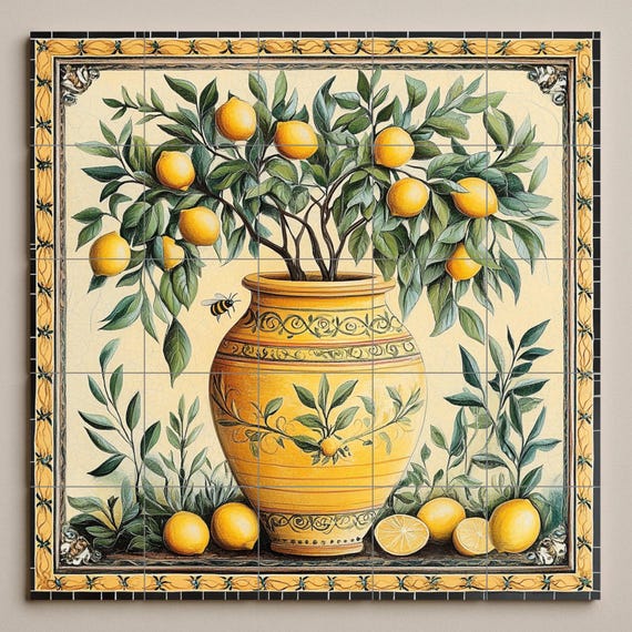 Mural de azulejos de cerámica con jarrón de limones mediterráneos — vista 3