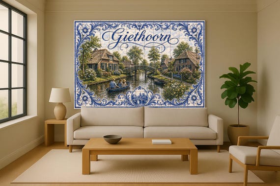 Mural de azulejos de cerámica de Giethoorn, casas de campo holandesas con tec… — vista 2