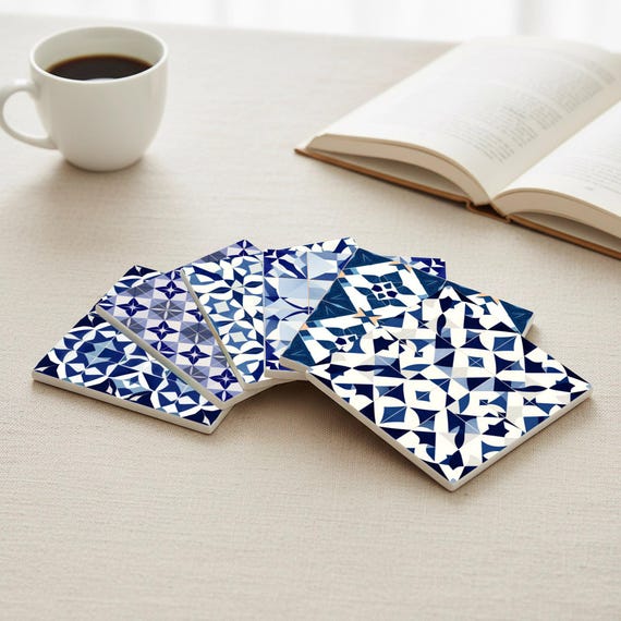 Geométricos de cerámica azul - Azulejo mediterráneo marroquí, juego de — vista 4