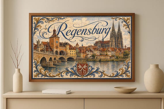 Mural de azulejos de cerámica de Ratisbona, arte mural de paisaje urbano medi… — vista 3