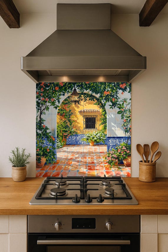 Mural de cerámica con patio soleado y arco de azulejos azules