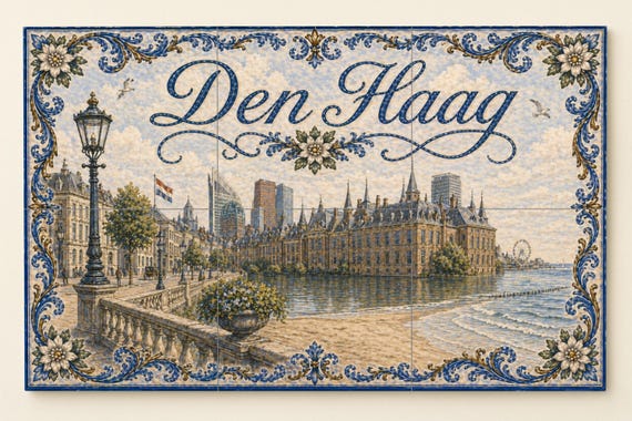 Mural de azulejos de cerámica de La Haya, Países Bajos, arte mural de ciudad …