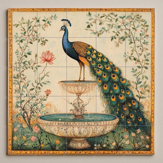 Mural cerámico con fuente de pavo real indio — vista 3