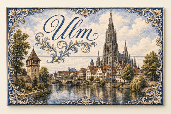 Mural de azulejos de cerámica de Ulm, Alemania, arte mural con paisaje urbano… — vista 4