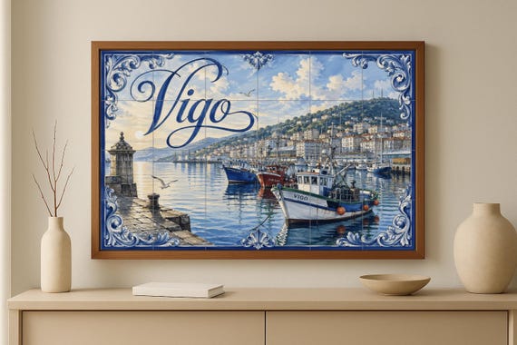 Mural de azulejos cerámicos del puerto pesquero de Vigo, decoración de pared … — vista 3