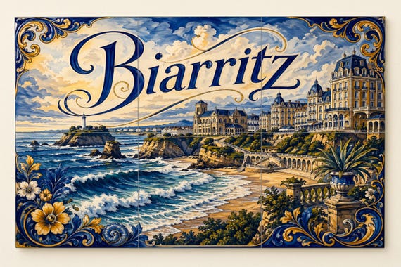 Mural de azulejos de cerámica de Biarritz, arte mural costero francés con el … — vista 3
