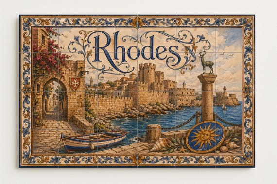 Mural de azulejos de cerámica de Rodas, Grecia, arte mural griego medieval, p… — vista 2