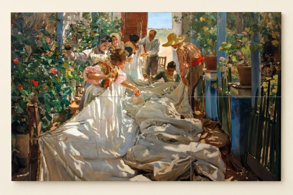Mural de azulejos "Cosiendo la vela" de Sorolla