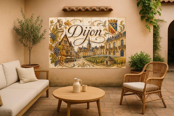 Mural de azulejos de cerámica de Dijon, arte mural de la región vinícola de B… — vista 2