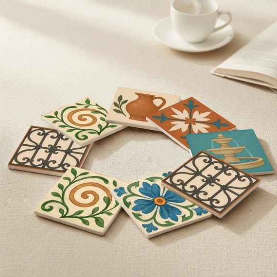 Mediterránea / Posavasos de azulejos toscanos / Decoración griega espa