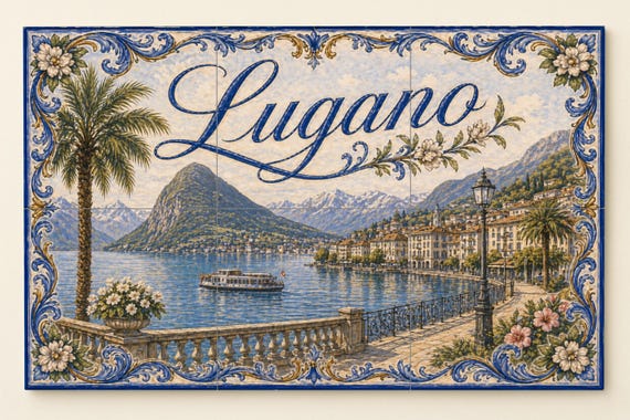 Mural de azulejos de cerámica de Lugano, Suiza, arte mural del lago de Lugano…