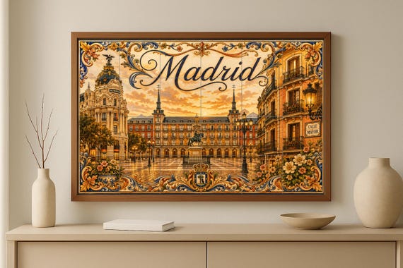 Mural de azulejos de cerámica de la Plaza Mayor de Madrid, decoración románti… — vista 2