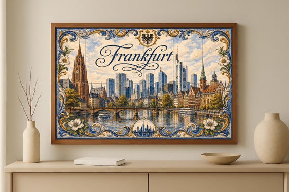Mural de azulejos de cerámica de Frankfurt, Alemania, con vista panorámica de… — vista 2