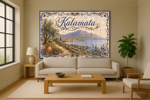 Mural de azulejos de cerámica de Kalamata, Grecia, arte mural de olivar medit… — vista 2