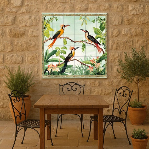 Mural de azulejos de cerámica con diseño de aves tropicales exóticas, diseño … — vista 2