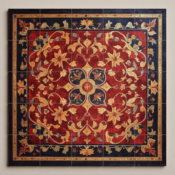 Mural de cerámica ornamental con diseño floral dorado y tapiz rojo — vista 2