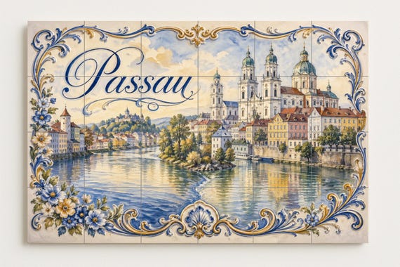 Mural de azulejos de cerámica de Passau, Alemania, arte mural de paisaje urba… — vista 4