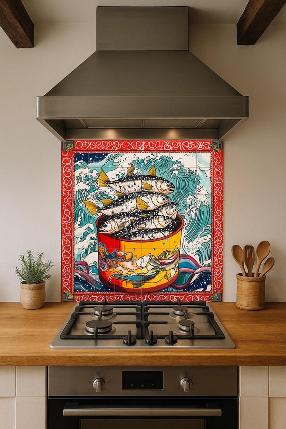 Mural de azulejos de cerámica con peces estilizados en maceta roja, olas romp… — vista 2
