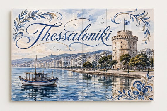 Mural de azulejos de cerámica de Tesalónica, decoración costera de la Torre B… — vista 2