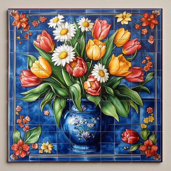 Mural cerámico de tulipanes y margaritas — vista 3