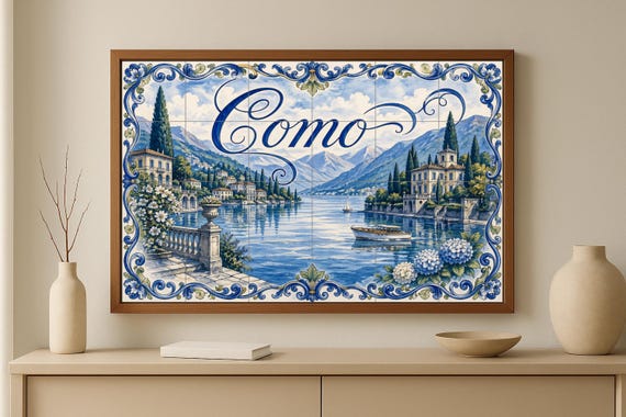 Mural de azulejos de cerámica del lago Como, Italia, arte mural a orillas del… — vista 3