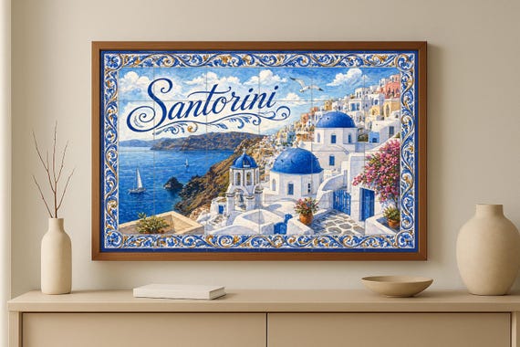 Mural de azulejos de cerámica de Santorini, Grecia, arte mural costero medite… — vista 3