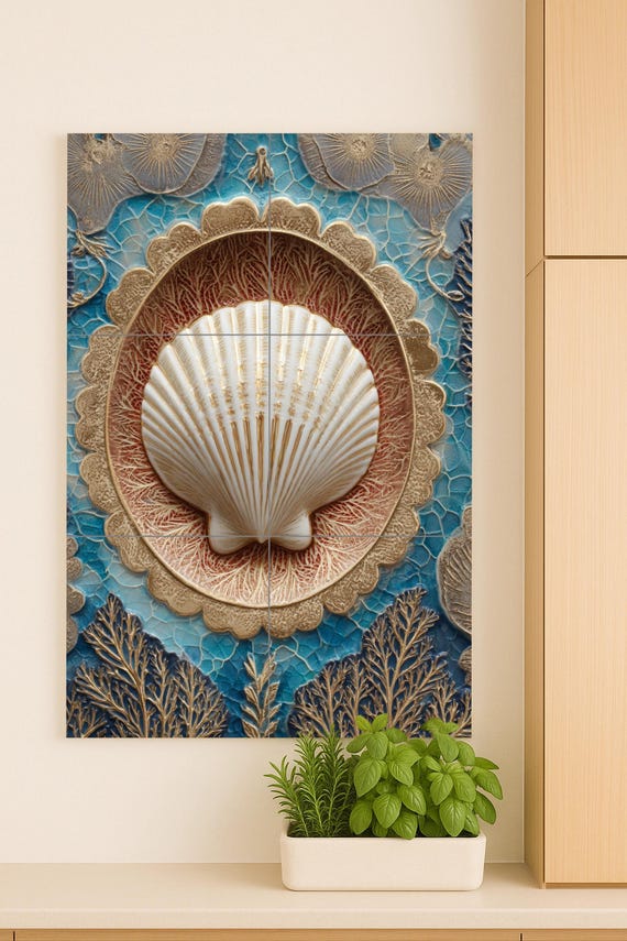 Armonía de conchas doradas y corales — Mural cerámico de Cerámicas La Noria
