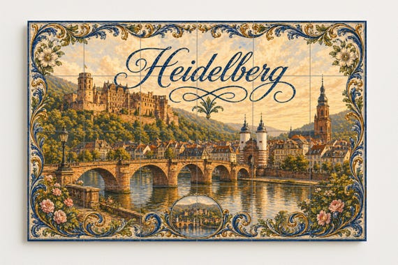 Mural de azulejos de cerámica de Heidelberg, arte mural romántico de paisaje … — vista 2