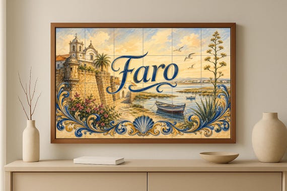 Mural de azulejos de cerámica de Faro, Portugal, decoración de pared de la ci… — vista 3