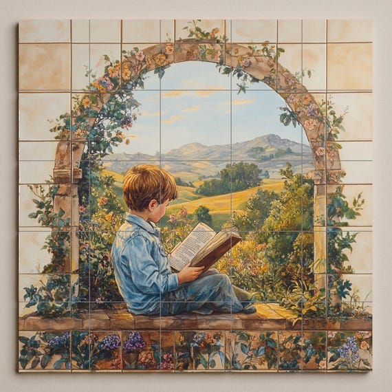 Mural de cerámica con un niño leyendo en un arco de jardín — vista 3