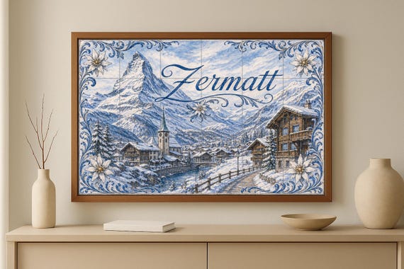 Mural de azulejos de cerámica de Zermatt, Suiza, arte mural alpino del Matter… — vista 2