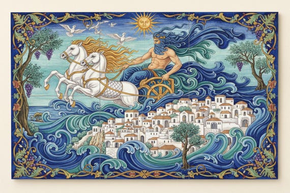 El paseo de Poseidón por el Egeo — Mural cerámico de Cerámicas La Noria
