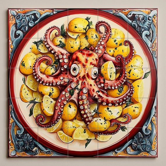 Mural de azulejos cerámicos con pulpo a la gallega con patatas y limones, pla… — vista 3
