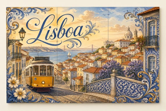 Mural de azulejos cerámicos de Lisboa Portugal, tranvía amarillo y decoración… — vista 3
