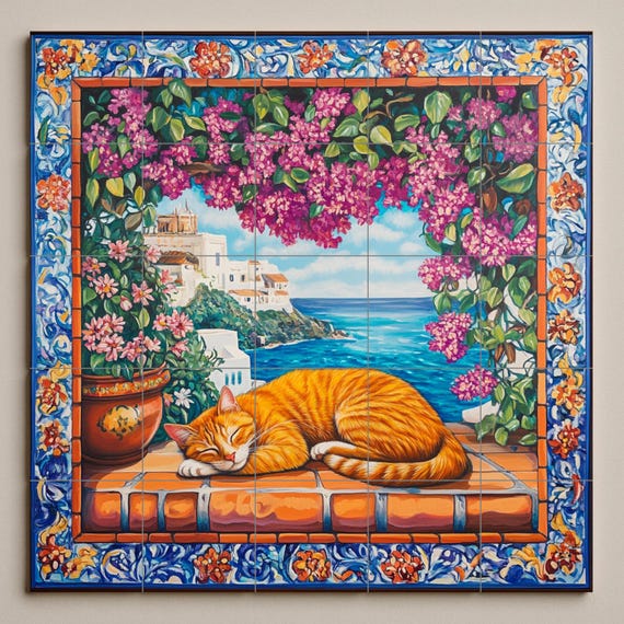 Mural de azulejos de cerámica con gato naranja durmiendo sobre baldosas de te… — vista 3