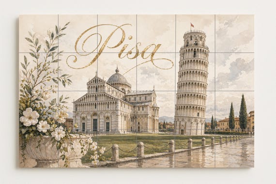 Mural de azulejos de cerámica de la Torre Inclinada de Pisa, elegante decorac… — vista 4