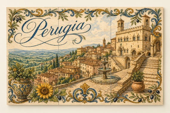 Mural de azulejos de cerámica de Perugia, arte mural de Umbría italiana con a… — vista 4