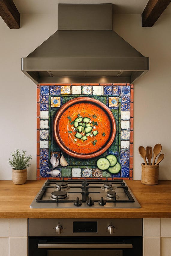 Mural de azulejos cerámicos de gazpacho andaluz con cuenco de terracota rústi… — vista 2
