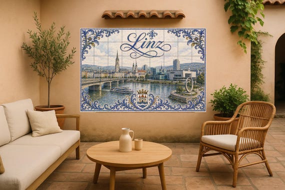 Mural de azulejos de cerámica del río Danubio en Linz, Austria, con el modern…