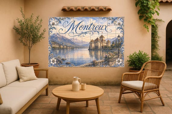 Mural de azulejos de cerámica de Montreux, Suiza; Arte mural del Castillo de …