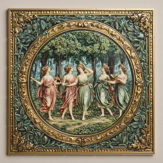 Mural de azulejos cerámicos renacentistas con gracia danzante mitológica, fre… — vista 3