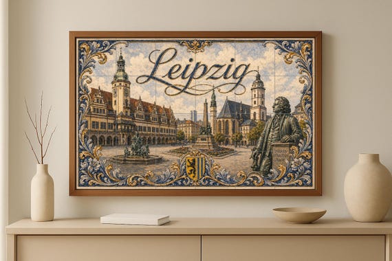 Mural de azulejos de cerámica de Leipzig, Alemania, arte mural con paisaje ur… — vista 4