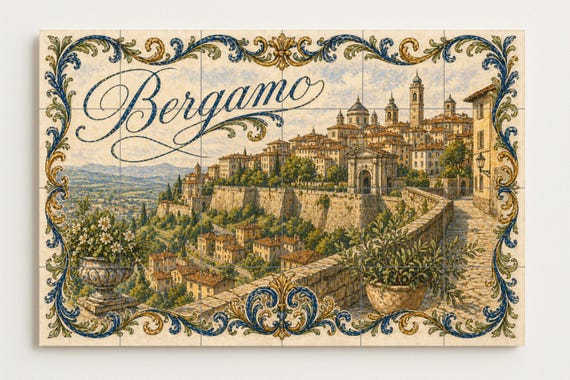 Mural de azulejos de cerámica de Bérgamo, Italia, arte mural de Lombardía, de… — vista 2